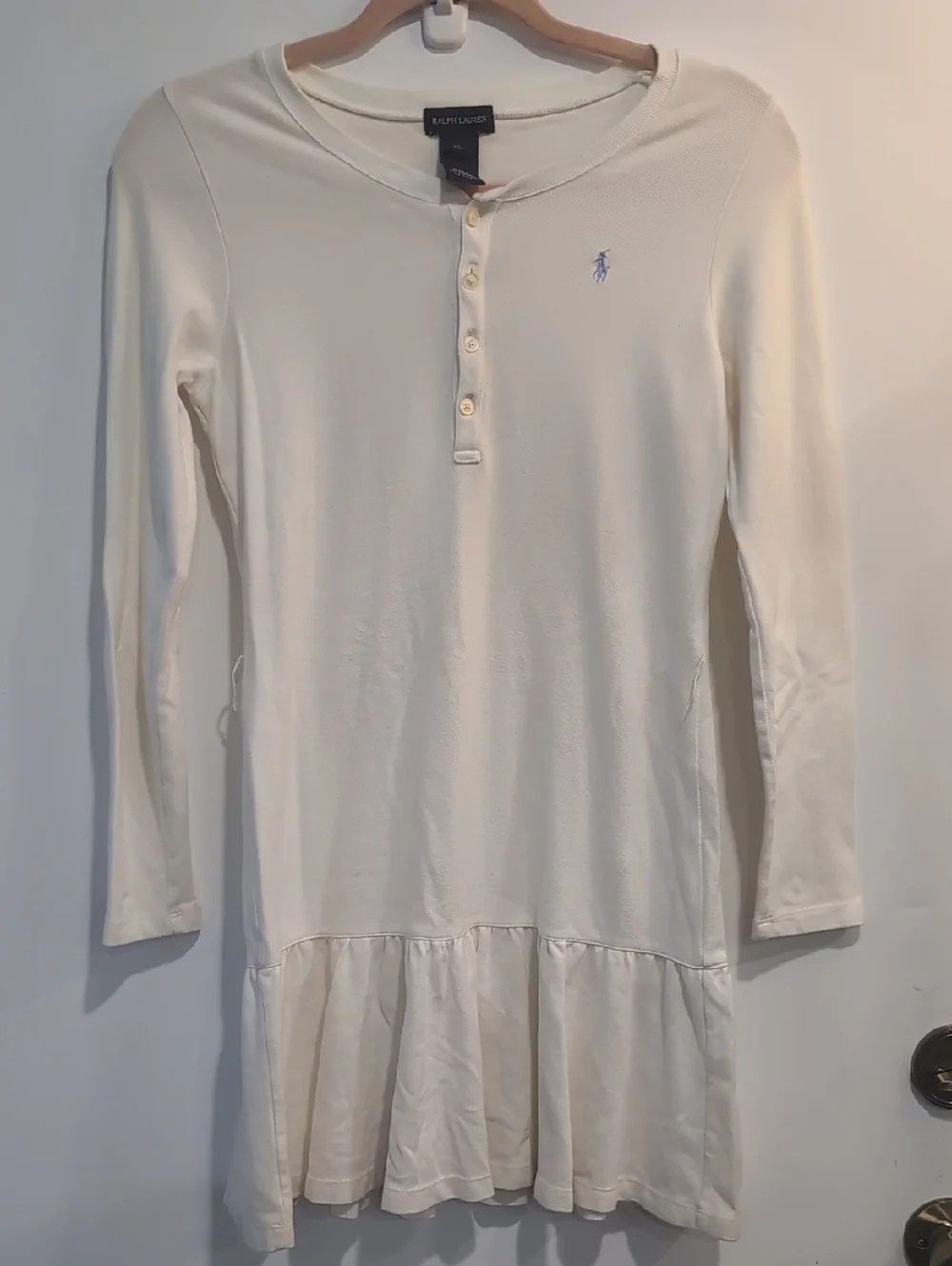 Ralph Lauren Girl's XL White Long Sleeve Henley Dress with Ruffled Hem